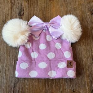3/20$ NWOT Purple Polka Dot Kids Beanie with Pom Poms & Bow